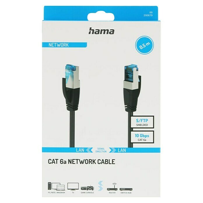 Hama Netzwerk-Kabel CAT-6a (Länge: 0,5 m, Schwarz, RJ45-Stecker, Bis zu 10 Gbit/s) | BAUHAUS