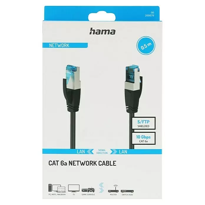 Hama Netzwerk-Kabel CAT-6a - Länge: 0,5 m, Schwarz, RJ45-Stecker, Bis zu 10 Gbit/s - Hama 0,5m Cat 6a S/FTP geschirmtes Netzwerkkabel mit schwarzem Kabel und blau-weißen RJ45-Steckern.