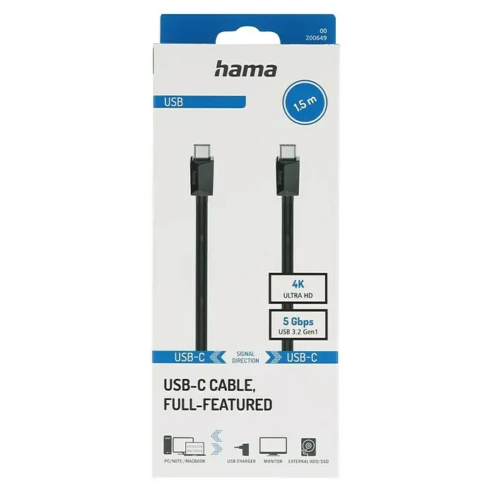 Hama USB-Kabel "Full-Featured", E-Marker, USB 3.2 Gen1 - 1,5 m, USB C-Stecker, Schwarz - Produktverpackung eines schwarzen Hama USB-C-Kabels, 1,5 m lang, mit 4K Ultra HD und 5 Gbps Datenübertragungsrate für vielseitige Anwendungen.