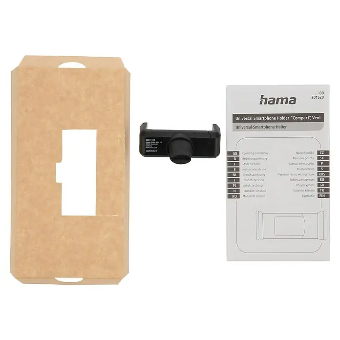 Hama Kfz-Smartphone-Halterung Compact für Lüftung - Passend für: Smartphones mit einer Breite von 5,5 - 8,5 cm, 360 ° drehbar - Produktabbildung einer Hama Universal Smartphone Halterung "Compact" für Lüftungsschlitze mit Zubehör und Verpackung.
