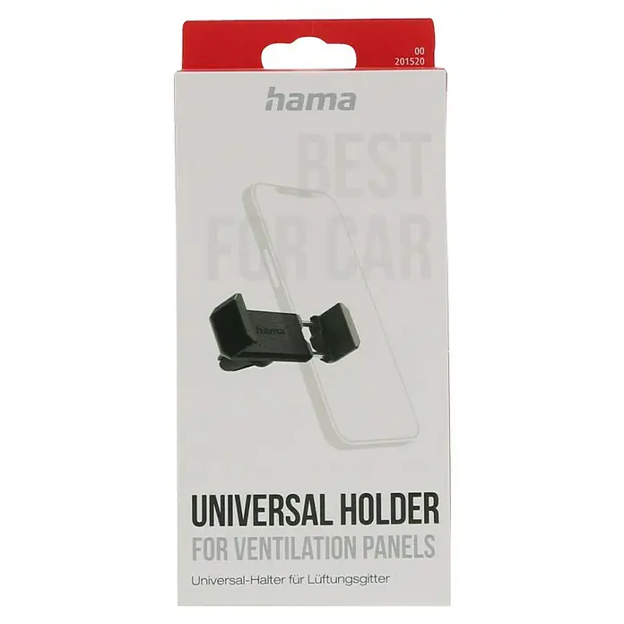 Hama Kfz-Smartphone-Halterung Compact für Lüftung - Passend für: Smartphones mit einer Breite von 5,5 - 8,5 cm, 360 ° drehbar - Produktverpackung eines Universalhalters von Hama zur Befestigung an Lüftungsgittern im Auto, mit abgebildetem Halter und Smartphone.