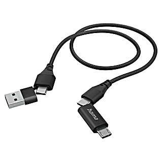 Hama USB-Kabel 4in1 USB A-Stecker, USB C-Stecker, USB Micro-Stecker (1,5 m, Schwarz, Bis zu 480 Mbit/s)