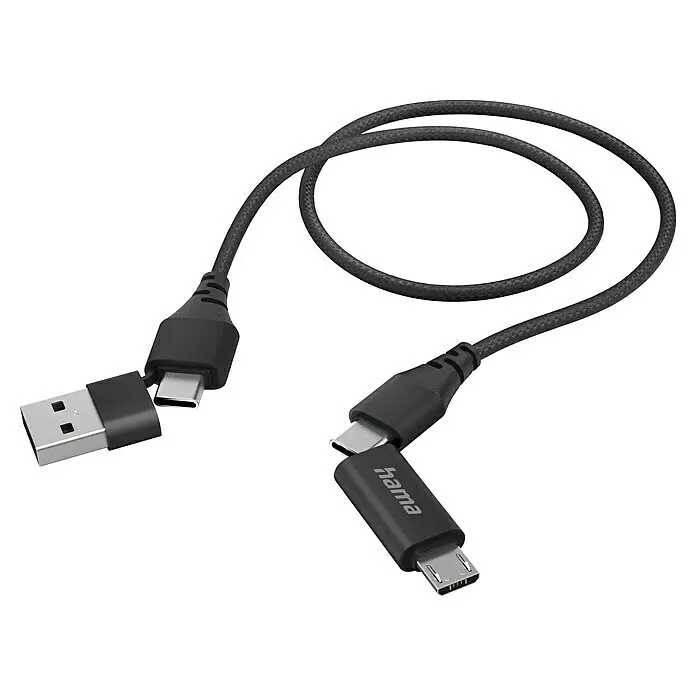 Hama USB-Kabel 4in1 USB A-Stecker, USB C-Stecker, USB Micro-Stecker - 1,5 m, Schwarz, Bis zu 480 Mbit/s - Schwarzes geflochtenes USB-Kabel mit USB-A-, USB-C- und Micro-USB-Anschlüssen über Adapter.