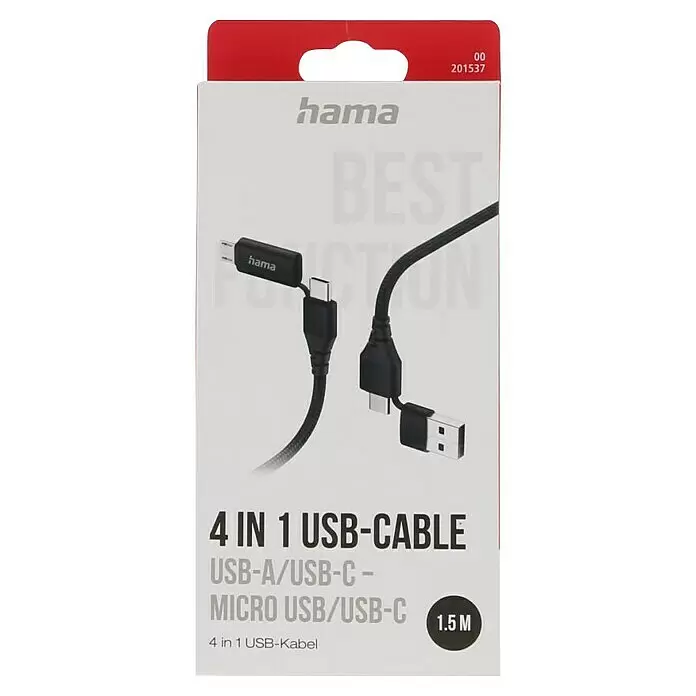 Hama USB-Kabel 4in1 USB A-Stecker, USB C-Stecker, USB Micro-Stecker - 1,5 m, Schwarz, Bis zu 480 Mbit/s - Hama 4-in-1 USB-Kabel mit geflochtener schwarzer Schnur, mit USB-A, USB-C und Micro-USB-Anschlüssen. Länge 1,5m.