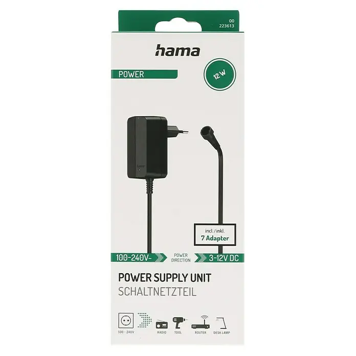 Hama Universal-Netzteil - Eingangsspannung: 100 V - 240 V, Max. Leistung: 12 W, Ausgangsstrom: 1 A - Produktverpackung des Hama Schaltnetzteils mit 12 W Leistung und 7 Adaptern, geeignet für 100-240V und 3-12V DC.
