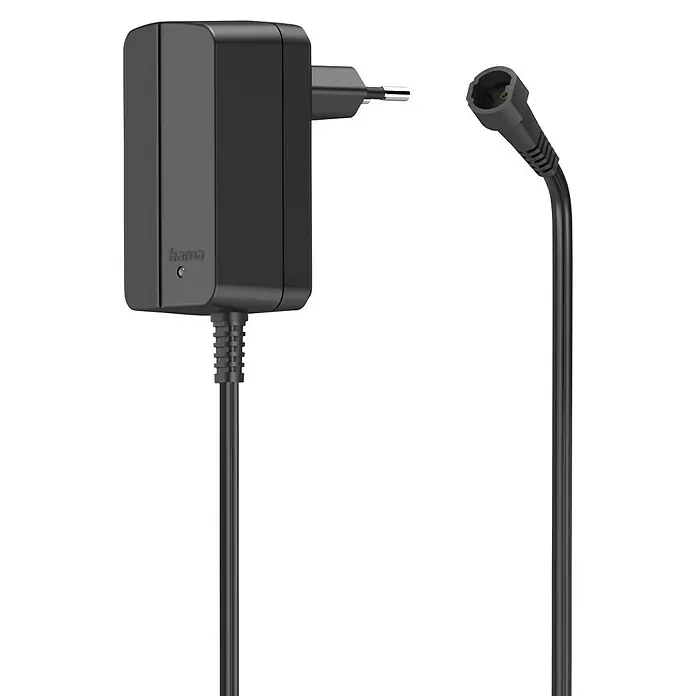 Hama Universal-Netzteil - Eingangsspannung: 100 V - 240 V, Max. Leistung: 12 W, Ausgangsstrom: 1 A - Das Bild zeigt ein schwarzes Hama-Netzteil mit Eurostecker und zugehörigem Stromkabel. Es handelt sich um ein kompaktes und praktisches Zubehör.