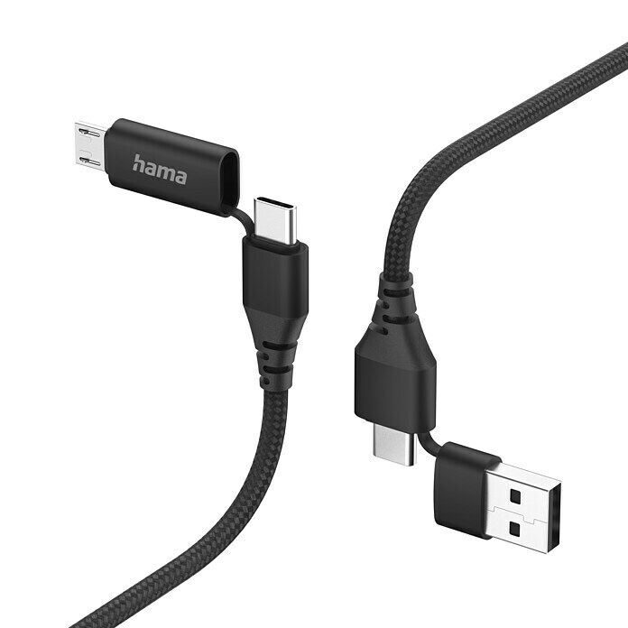 Hama USB-Kabel 4in1 USB A-Stecker, USB C-Stecker, USB Micro-Stecker (1,5 m, Schwarz, Bis zu 480 Mbit/s) | BAUHAUS