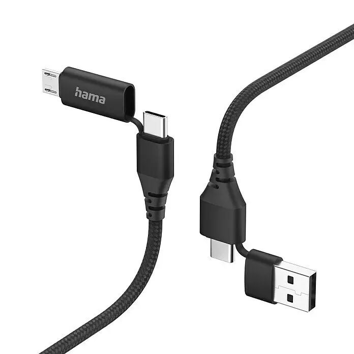 Hama USB-Kabel 4in1 USB A-Stecker, USB C-Stecker, USB Micro-Stecker - 1,5 m, Schwarz, Bis zu 480 Mbit/s - Schwarzes geflochtenes Hama USB-C- zu USB-A-Kabel mit abnehmbarem Micro-USB-Adapter.