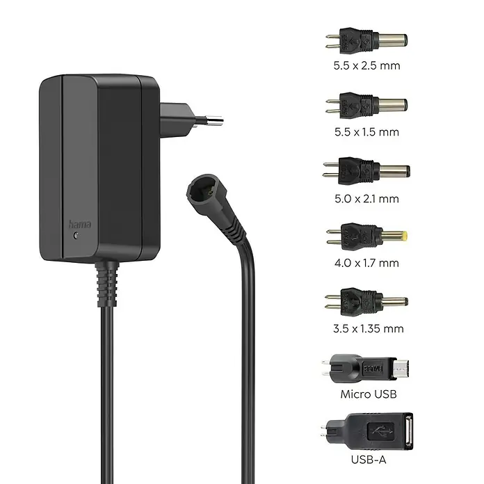 Hama Universal-Netzteil - Eingangsspannung: 100 V - 240 V, Max. Leistung: 12 W, Ausgangsstrom: 1 A - Abbildung eines Hama-Universalnetzteils mit verschiedenen Adapteraufsätzen für unterschiedliche Geräte.