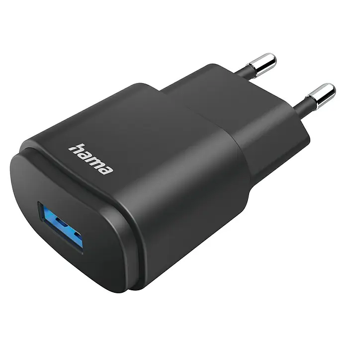 Hama USB-Ladegerät mit A-Buchse - Schwarz, 6 W - Das Bild zeigt einen schwarzen Hama USB-Ladestecker mit Eurostecker. Er ist kompakt und für schnelles Aufladen von Geräten geeignet.