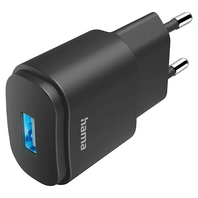 Hama USB-Ladegerät mit A-Buchse - Schwarz, 6 W - Schwarzes Hama USB-Netzteil mit Eurostecker und blau beleuchtetem USB-Anschluss zum Aufladen von Smartphones und Tablets.