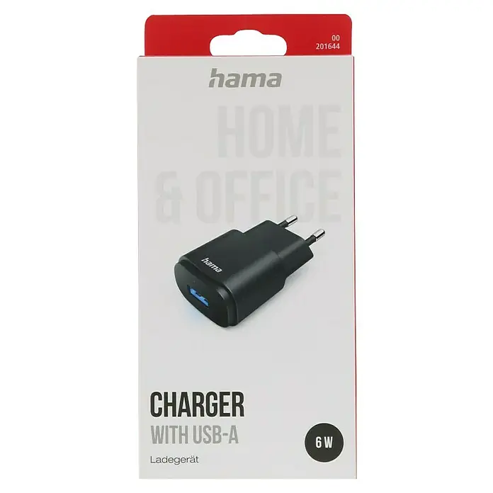 Hama USB-Ladegerät mit A-Buchse - Schwarz, 6 W - Produktverpackung für ein Hama 6W USB-A Ladegerät für Zuhause und das Büro mit einem roten Aufhänger und Produktinformationen.