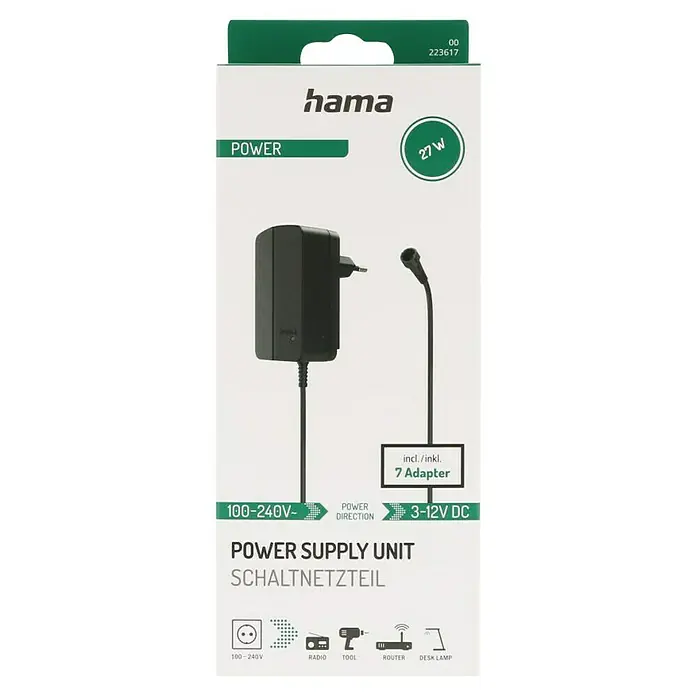 Hama Universal-Netzteil - Eingangsspannung: 100 V - 240 V, Max. Leistung: 27 W, Ausgangsstrom: 2,25 A - Produktverpackung eines Hama 27W Schaltnetzteils mit 7 Adaptern, geeignet für 100-240V, zur Stromversorgung von Radio, Werkzeug, Router oder Schreibtischlampe.