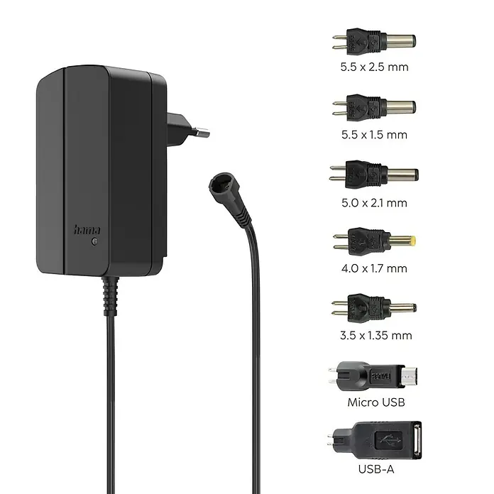 Hama Universal-Netzteil - Eingangsspannung: 100 V - 240 V, Max. Leistung: 27 W, Ausgangsstrom: 2,25 A - Produktabbildung eines Hama Universal-Netzteils mit verschiedenen Adaptern für unterschiedliche Geräte.