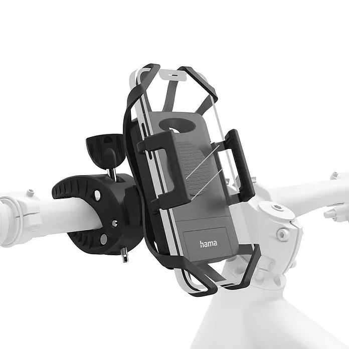 Hama Smartphone-Fahrradhalterung Strong - 360 ° drehbar, Passend für: Smartphones mit einer Breite von 5 – 9 cm - Nahaufnahme einer Hama-Handyhalterung am Lenker eines Fahrrads, die das Gerät sicher für Navigation und Freisprechfunktion hält.