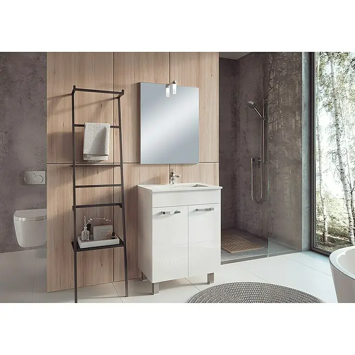 Riva Badmöbel-Set Square - Breite: 60 cm, Weiß, 3 -tlg. - Badezimmer mit weißem Waschtischunterschrank, Spiegel und Handtuchhalter für ein modernes und stilvolles Ambiente.