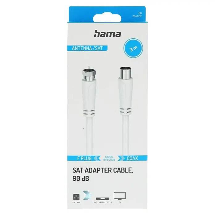 Hama SAT-Anschlusskabel - Weiß, 3 m, 90 dB, F-Stecker, IEC-Buchse - Produktverpackung eines weißen Hama SAT-Adapterkabels (90 dB) mit F-Stecker und Koax-Anschluss, geeignet für Antenne, Sat-Receiver und TV.