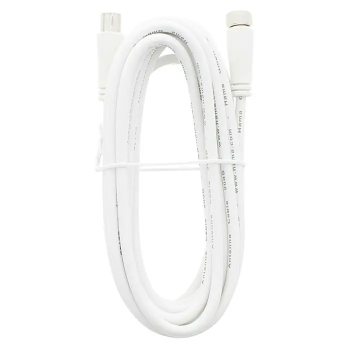 Hama SAT-Anschlusskabel - Weiß, 3 m, 90 dB, F-Stecker, IEC-Buchse - Nahaufnahme eines weißen Hama Antennenkabels, das für eine optimale Signalübertragung sorgt und durch ein Kabelbinder zusammengehalten wird.