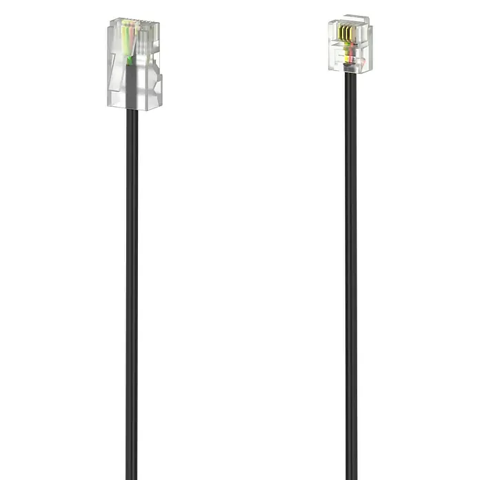 Hama DSL-Anschlusskabel - Länge: 3 m, RJ45-Stecker - Zwei RJ11-Telefonkabel mit transparenten Steckern auf schwarzem Hintergrund für Festnetztelefonverbindungen.