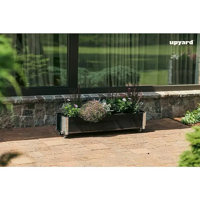 Upyard Kräuterkasten mit Rollen - Schwarz, 120 x 40 x 19,5 cm - Ein dunkler, rechteckiger Blumenkasten mit Rädern, bepflanzt mit verschiedenen Blumen, steht auf einer Terrasse vor einem Fenster.