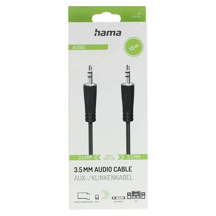 Hama Klinkenkabel 3,5-mm-Klinken-Stecker - 3,5-mm-Klinken-Stecker - Länge: 1,5 m - Hama 3,5 mm Audiokabel Verpackung. Das Kabel ist für Geräte wie Tablets, Smartphones, MP3-Player, Autoradios und Hi-Fi-Anlagen geeignet.