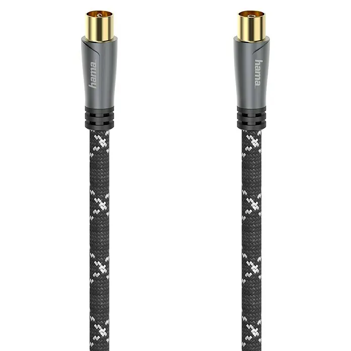 Hama Antennen-Anschlusskabel Koax-Stecker - Koax-Kupplung - 5 m, Schwarz/Grau, 120 dB, Koax-Buchse - Abbildung von zwei Hama Antennenkabeln mit vergoldeten Steckern und einem robusten, geflochtenen Mantel für eine optimale Signalübertragung.