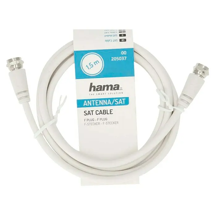 Hama Koaxialkabel F-Stecker - 1,5 m, Weiß, Schirmungsmaß: 75 dB - Nahaufnahme eines weißen Hama Sat-Kabels mit F-Steckern und einer Länge von 1,5 Metern, aufgerollt und mit Kabelbindern fixiert.