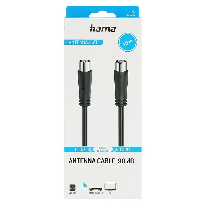 Hama Cable de conexión de antena - 1,5 m, Negro, 90 dB, Clavija coaxial, acoplador coaxial - Imagen de un paquete de cable coaxial Hama antena/SAT, que muestra la conexión del cable y especificaciones como 1,5 m de longitud y 90 dB.