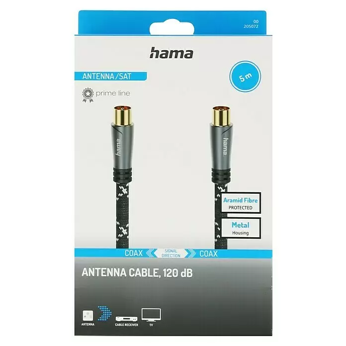 Hama Antennen-Anschlusskabel Koax-Stecker - Koax-Kupplung - 5 m, Schwarz/Grau, 120 dB, Koax-Buchse - Hama 5m Antennenkabel, 120 dB, mit Aramidfaser-Schutz und Metallgehäuse, in Verkaufsverpackung.