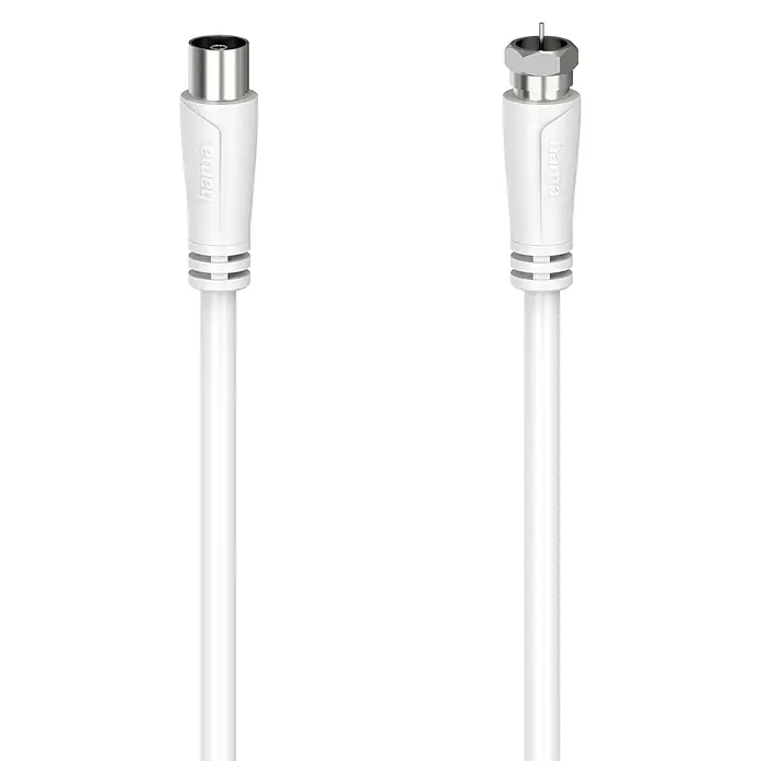 Hama SAT-Anschlusskabel - Weiß, 3 m, 90 dB, F-Stecker, IEC-Buchse - Weißes Antennenkabel mit zwei verschiedenen Steckertypen, Marke Hama, für den Anschluss von TV-Geräten und Receivern.
