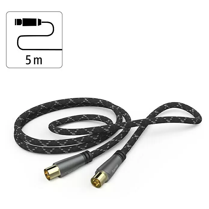 Hama Antennen-Anschlusskabel Koax-Stecker - Koax-Kupplung - 5 m, Schwarz/Grau, 120 dB, Koax-Buchse - Dunkelgraues geflochtenes 5m Antennenkabel mit vergoldeten Koaxialsteckern.