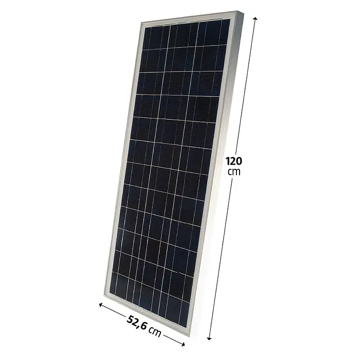 Sunset Solarmodul AS 80 - Nennleistung: 80 W, L x B x H: 120 x 52,6 x 4 cm - Ein rechteckiges Solarpanel mit silberfarbenem Rahmen, das durch weiße Linien in viele kleine Rechtecke unterteilt ist.