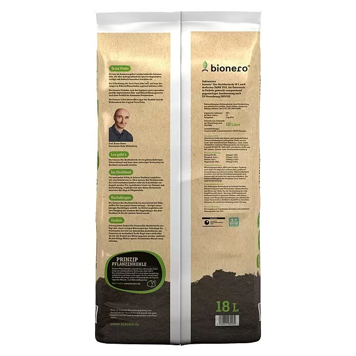 bionero Terra Preta Hochbeeterde Gemüse satt - 18 l - Großer brauner Sack bionero Bio-Hochbeeterde, bedruckt mit Produktinformationen und der Volumenangabe „18 L“.