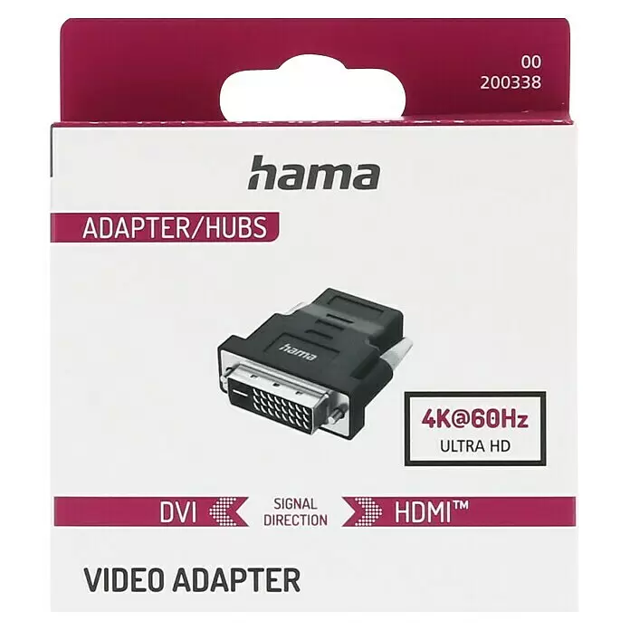 Hama Videoadapter DVI-Stecker - HDMI-Buchse - 4K (4096 x 2160 Pixel) - Hama DVI-zu-HDMI Videoadapter, schwarz, unterstützt 4K@60Hz Ultra HD.