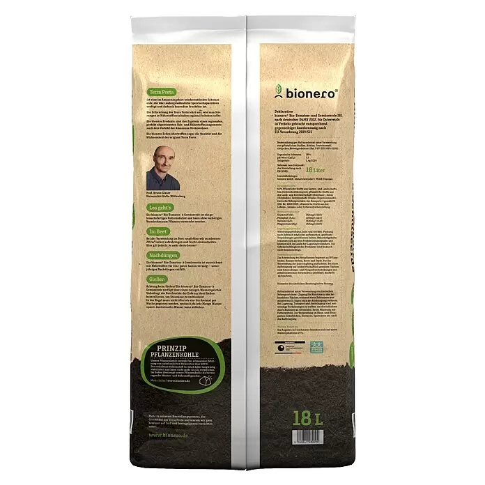 bionero Terra Preta Tomaten- & Gemüseerde fette Ernte - 18 l - Braune Papiertüte mit bionero Bio-Tomaten- und Gemüseerde.