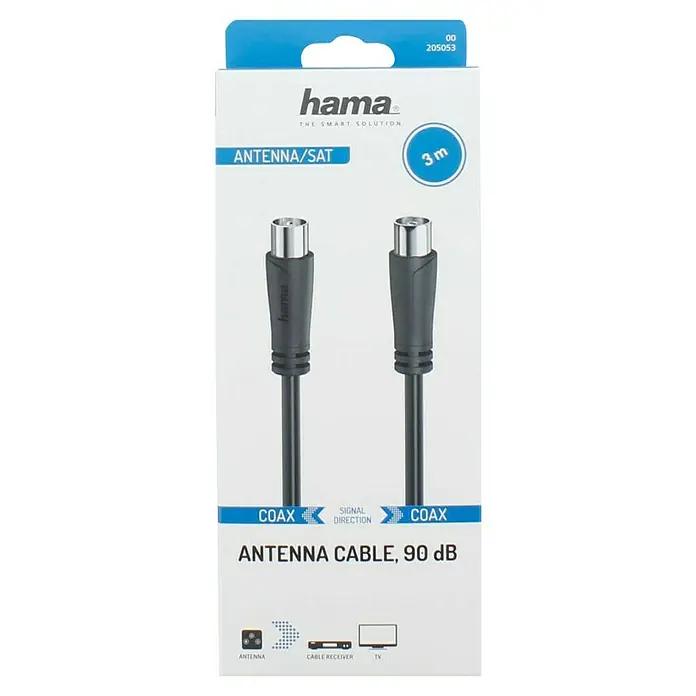 Hama Cable de conexión de antena - 3 m, Negro, 90 dB, Clavija coaxial, acoplador coaxial - Cable de antena Hama, de 3 metros de largo, para antena y satélite con un valor de 90 dB para una óptima transmisión de señal al TV.