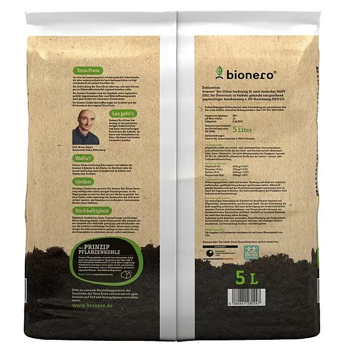 bionero Terra Preta Bio-Erde Stadtoase - 5 l - Eine braune Papiertüte mit bionero Bio-Urban Gardening Erde (5 Liter), Text über Terra Preta und Produktdetails.