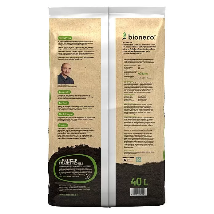 bionero Terra Preta Tomaten- & Gemüseerde fette Ernte - 40 l, Torffrei - Ein brauner Papiersack bionero Bio-Tomaten- und Gemüserde, beschriftet mit „40 L“.