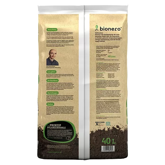 bionero Terra Preta Bio-Hochbeeterde Gemüse satt - 40 l - Braune bionero 40L Bio-Hochbeeterde Tüte mit Text und Erdgrafik.