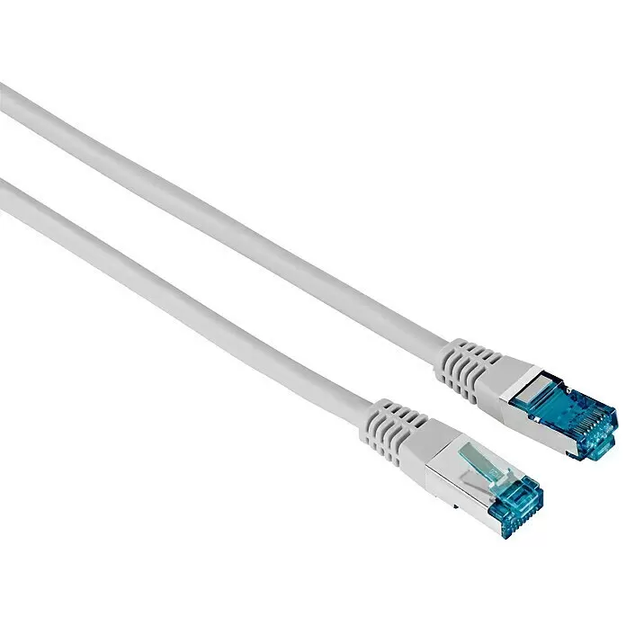 Hama Netzwerk-Kabel - 5 m, Bis zu 1 GBit/s - Zwei graue Ethernet-Kabel mit blauen und silbernen RJ45-Steckern.