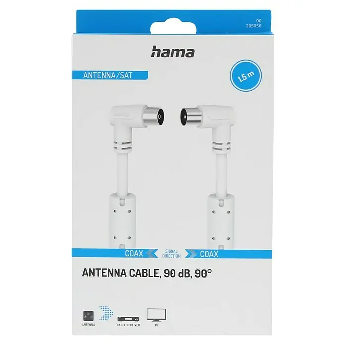 Hama Antennen-Anschlusskabel Koax-Stecker - Koax-Kupplung, 90° - 1,5 m, Weiß, 90 dB - Nahaufnahme der Verpackung eines Hama Antennenkabels (90 dB, 90°) mit Koaxialanschlüssen, ideal für Antenne/Sat-Verbindungen.