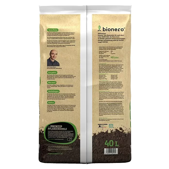 bionero Terra Preta Rasenerde sattes Grün - 40 l - Bionero 40L Bio-Rasenerde in einem naturfarbenen Papiersack, gefüllt mit dunkelbrauner Erde.
