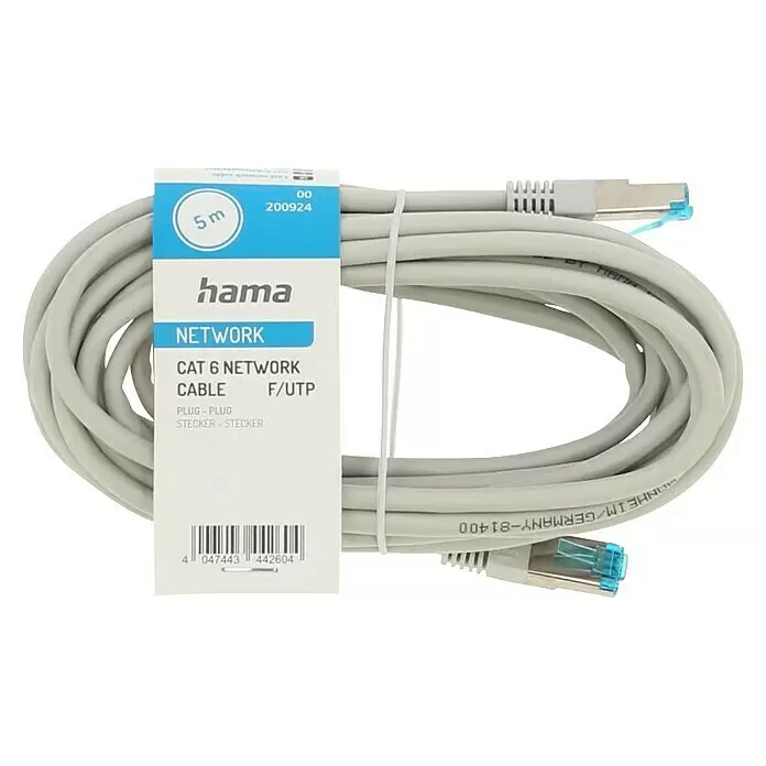 Hama Netzwerk-Kabel - 5 m, Bis zu 1 GBit/s - Graues Hama Cat 6 F/UTP Netzwerkkabel, 5m, mit geschirmten RJ45-Steckern.
