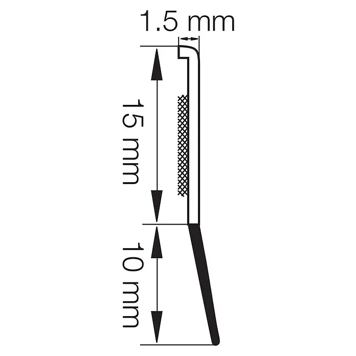Primo Abdeckleiste mit Dichtlippe - Weiß, 1,4 m x 1,5 mm x 25 mm - Schematische Darstellung eines Produkts mit Maßangaben: 1,5 mm, 15 mm und 10 mm. Detailreiche Skizze für technische Dokumentationen.