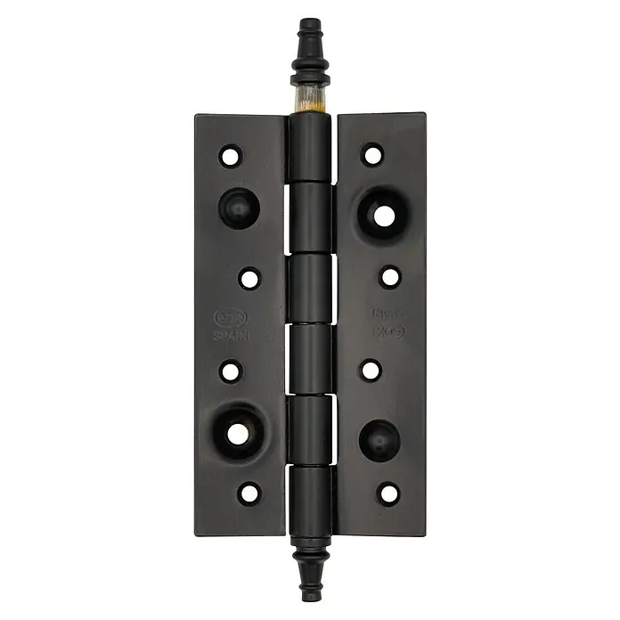 GDK Bisagra Antipalanca CR - L x An: 150 x 85 mm, Negro - Primer plano de una bisagra de puerta negra con un pasador visible. La bisagra se ve bien hecha y robusta.