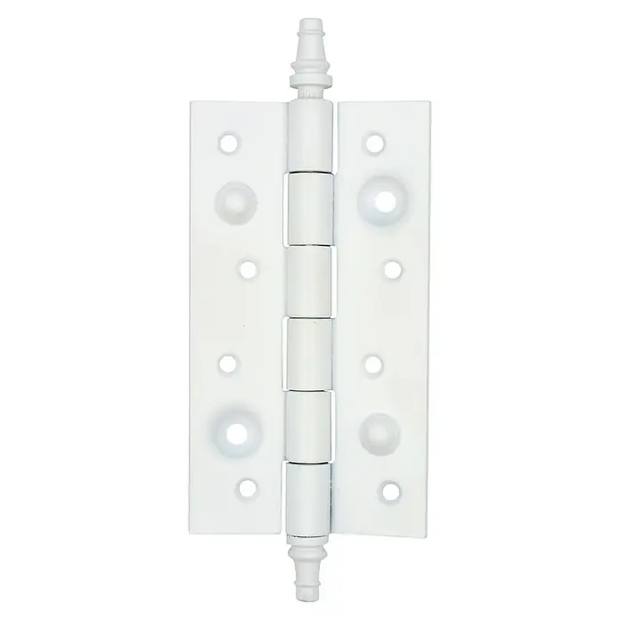GDK Bisagra Antipalanca CR - L x An: 150 x 85 mm, Blanco - Primer plano de una bisagra de puerta blanca con pasador y detalles redondos decorativos, ideal para puertas modernas y elegantes.