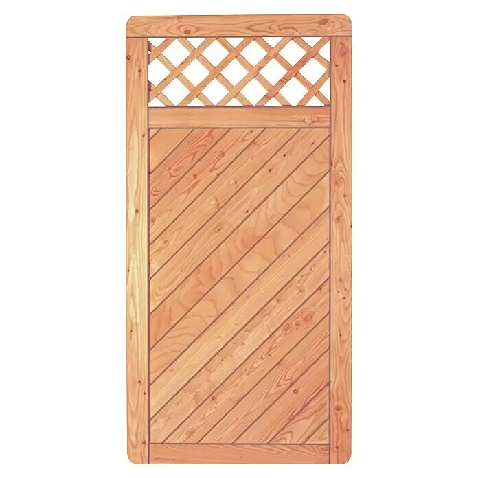 T & J Sichtschutzelement Skagen - 90 x 180 cm, Holz, Natur - Helles Holztor mit diagonalen Lamellen und Rauten-Rankgitter oben.