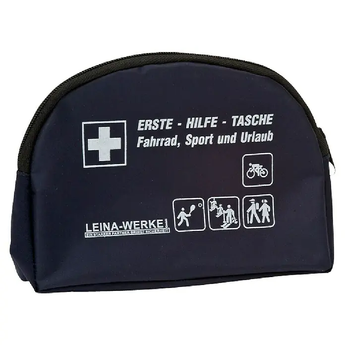 Leina-Werke Erste-Hilfe-Tasche - 60 x 125 x 165 mm - Eine blaue Erste-Hilfe-Tasche für Fahrrad, Sport und Urlaub mit weißem Kreuz und Aufschrift.