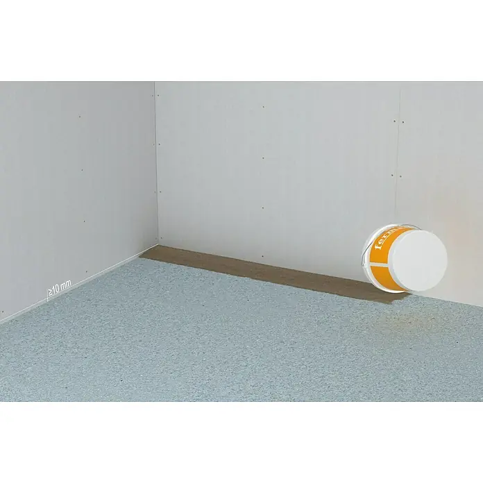 Fermacell Gebundene Schüttung - 80 l - Eimer mit Klebstoff "fermacell" für die Wandmontage auf einem blauen Boden. Ideal für Bauprojekte.