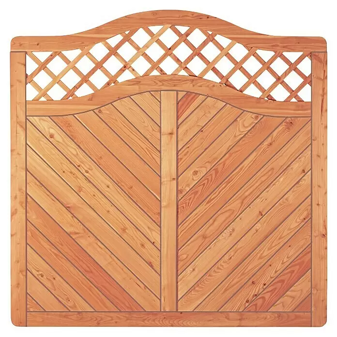 T & J Sichtschutzelement Skagen - B x H: 180 x 150 cm, Holz, Natur - Helles Holz-Gartentor mit diagonalen Latten und gewölbtem Rankgitter oben.